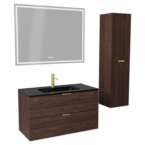 HD Palermo Matt Hazel 100 komplett fürdőszoba bútor szett fali mosdószekrénnyel, szálcsiszolt arany fogantyúkkal, matt fekete slim mosdóval, tükörrel és magasszekrénnyel