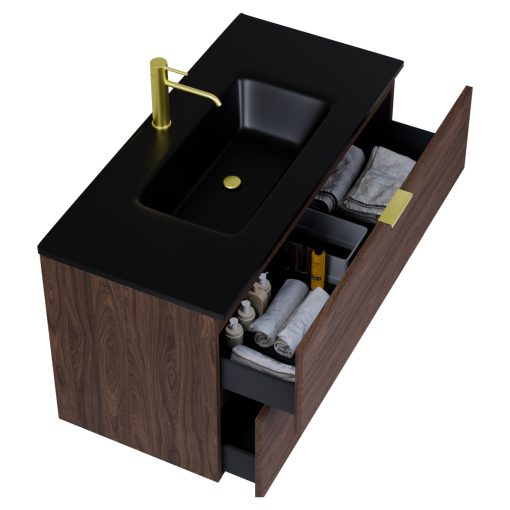 HD Palermo Matt Hazel 100 komplett fürdőszoba bútor szett fali mosdószekrénnyel, szálcsiszolt arany fogantyúkkal, matt fekete slim mosdóval, tükörrel és magasszekrénnyel