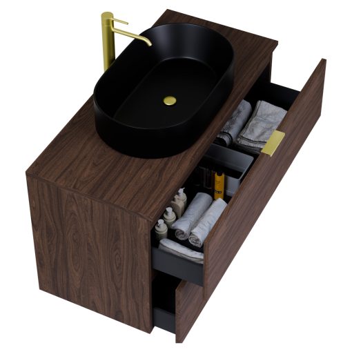 HD Salerno Matt Hazel 100 fali mosdószekrény mogyoró színű mosdópulttal és szálcsiszolt arany fogantyúkkal