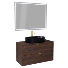 HD Salerno Matt Hazel 100 komplett fürdőszoba bútor fali mosdószekrénnyel, szálcsiszolt arany fogantyúkkal, mogyoró színű mosdópulttal és tükörrel