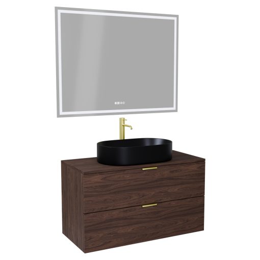HD Salerno Matt Hazel 100 komplett fürdőszoba bútor fali mosdószekrénnyel, szálcsiszolt arany fogantyúkkal, mogyoró színű mosdópulttal és tükörrel