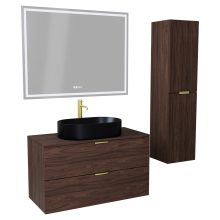 HD Salerno Matt Hazel 100 komplett fürdőszoba bútor szett fali mosdószekrénnyel, szálcsiszolt arany fogantyúval, mogyoró színű mosdópulttal, tükörrel és magasszekrénnyel