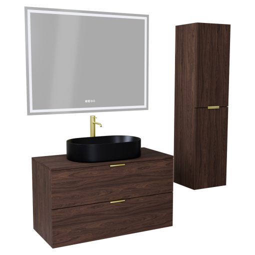 HD Salerno Matt Hazel 100 komplett fürdőszoba bútor szett fali mosdószekrénnyel, szálcsiszolt arany fogantyúval, mogyoró színű mosdópulttal, tükörrel és magasszekrénnyel