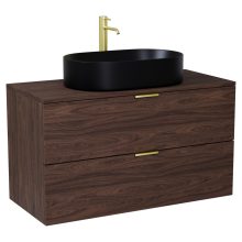 HD Salerno Matt Hazel 100 komplett fürdőszoba bútor szett fali mosdószekrénnyel, szálcsiszolt arany fogantyúval, mogyoró színű mosdópulttal, tükörrel és magasszekrénnyel