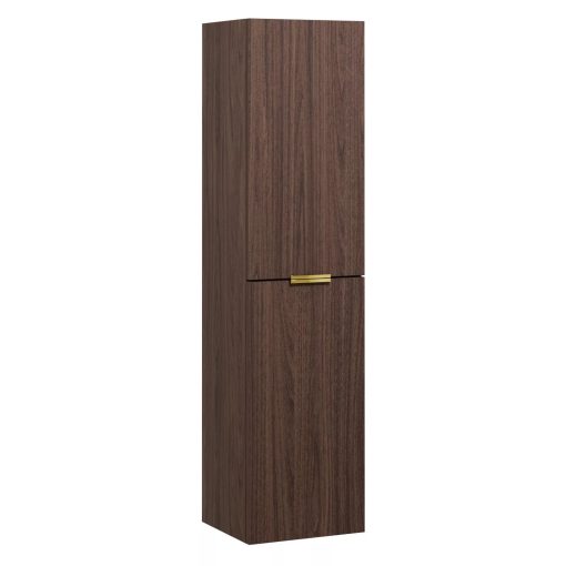 HD Salerno Matt Hazel 100 komplett fürdőszoba bútor szett fali mosdószekrénnyel, szálcsiszolt arany fogantyúval, mogyoró színű mosdópulttal, tükörrel és magasszekrénnyel