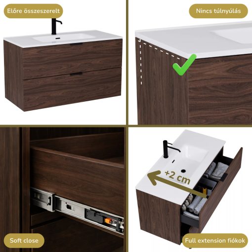 HD Palermo Matt Hazel 100 fali mosdószekrény matt fekete fogantyúkkal és fényes fehér slim mosdóval