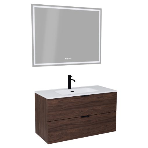 HD Palermo Matt Hazel 100 komplett fürdőszoba bútor fali mosdószekrénnyel, matt fekete fogantyúkkal, fényes fehér slim mosdóval és tükörrel