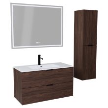 HD Palermo Matt Hazel 100 komplett fürdőszoba bútor szett fali mosdószekrénnyel, matt fekete fogantyúkkal, fényes fehér slim mosdóval, tükörrel és magasszekrénnyel