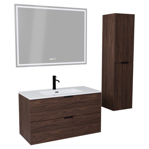 HD Palermo Matt Hazel 100 komplett fürdőszoba bútor szett fali mosdószekrénnyel, matt fekete fogantyúkkal, fényes fehér slim mosdóval, tükörrel és magasszekrénnyel