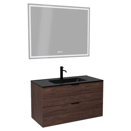 HD Palermo Matt Hazel 100 komplett fürdőszoba bútor fali mosdószekrénnyel, matt fekete fogantyúkkal, matt fekete slim mosdóval és tükörrel