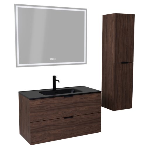 HD Palermo Matt Hazel 100 komplett fürdőszoba bútor szett fali mosdószekrénnyel, matt fekete fogantyúkkal, matt fekete slim mosdóval, tükörrel és magasszekrénnyel