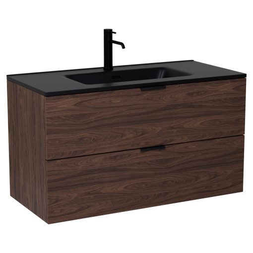 HD Palermo Matt Hazel 100 komplett fürdőszoba bútor szett fali mosdószekrénnyel, matt fekete fogantyúkkal, matt fekete slim mosdóval, tükörrel és magasszekrénnyel