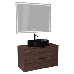   HD Salerno Matt Hazel 100/120 komplett fürdőszoba bútor fali mosdószekrénnyel, matt fekete fogantyúkkal, mogyoró színű mosdópulttal és tükörrel