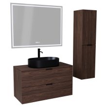 HD Salerno Matt Hazel 100/120 komplett fürdőszoba bútor szett fali mosdószekrénnyel, matt fekete fogantyúval, mogyoró színű mosdópulttal, tükörrel és magasszekrénnyel