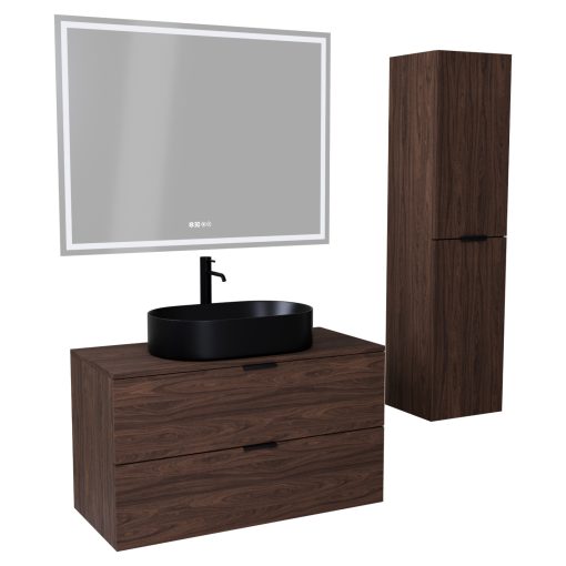 HD Salerno Matt Hazel 100/120 komplett fürdőszoba bútor szett fali mosdószekrénnyel, matt fekete fogantyúval, mogyoró színű mosdópulttal, tükörrel és magasszekrénnyel
