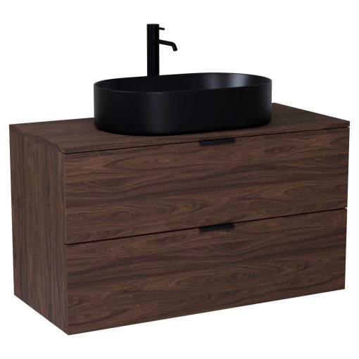 HD Salerno Matt Hazel 100/120 komplett fürdőszoba bútor szett fali mosdószekrénnyel, matt fekete fogantyúval, mogyoró színű mosdópulttal, tükörrel és magasszekrénnyel