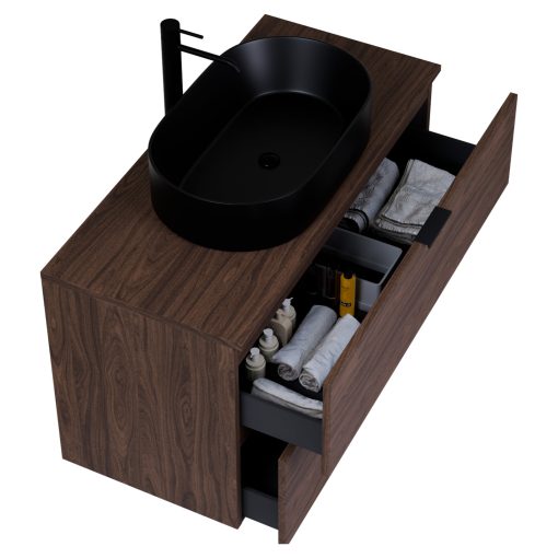 HD Salerno Matt Hazel 100/120 komplett fürdőszoba bútor szett fali mosdószekrénnyel, matt fekete fogantyúval, mogyoró színű mosdópulttal, tükörrel és magasszekrénnyel