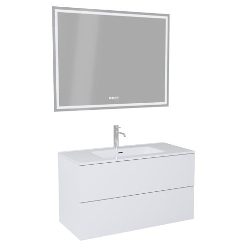 HD Aria Pro Silk Matt White 100 komplett fürdőszoba bútor fali push-to-open mosdószekrénnyel, fényes fehér slim mosdóval és tükörrel