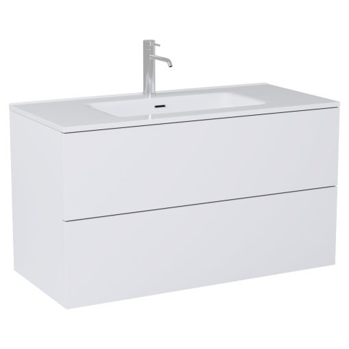 HD Aria Pro Silk Matt White 100 komplett fürdőszoba bútor fali push-to-open mosdószekrénnyel, fényes fehér slim mosdóval és tükörrel