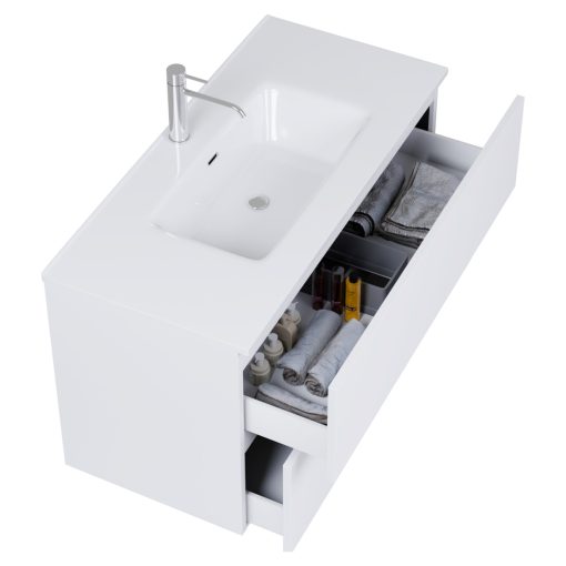 HD Aria Pro Silk Matt White 100 komplett fürdőszoba bútor fali push-to-open mosdószekrénnyel, fényes fehér slim mosdóval és tükörrel