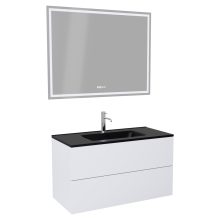 HD Aria Pro Silk Matt White 100 komplett fürdőszoba bútor fali push-to-open mosdószekrénnyel, matt fekete slim mosdóval és tükörrel