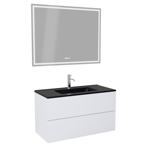 HD Aria Pro Silk Matt White 100 komplett fürdőszoba bútor fali push-to-open mosdószekrénnyel, matt fekete slim mosdóval és tükörrel