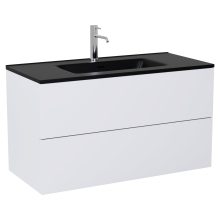 HD Aria Pro Silk Matt White 100 komplett fürdőszoba bútor fali push-to-open mosdószekrénnyel, matt fekete slim mosdóval és tükörrel