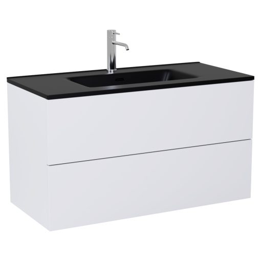 HD Aria Pro Silk Matt White 100 komplett fürdőszoba bútor fali push-to-open mosdószekrénnyel, matt fekete slim mosdóval és tükörrel