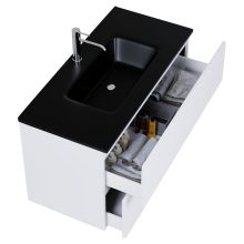 HD Aria Pro Silk Matt White 100 komplett fürdőszoba bútor fali push-to-open mosdószekrénnyel, matt fekete slim mosdóval és tükörrel