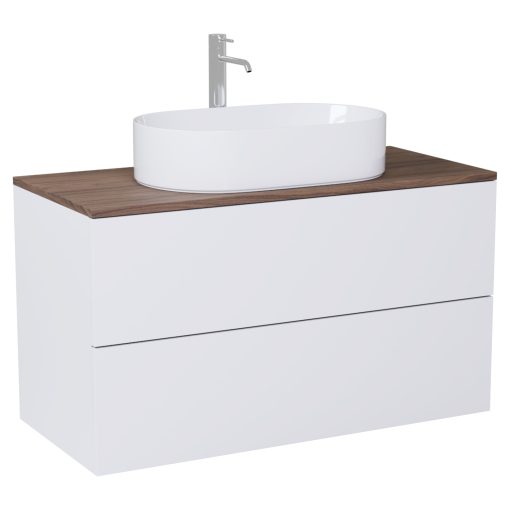 HD Zyra Pro Silk Matt White 100 fali mosdószekrény, push-to-open mechanizmussal, tölgyfa színű mosdópulttal