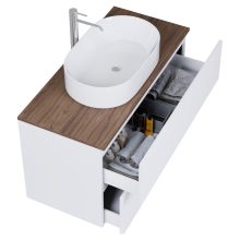 HD Zyra Pro Silk Matt White 100 fali mosdószekrény, push-to-open mechanizmussal, tölgyfa színű mosdópulttal