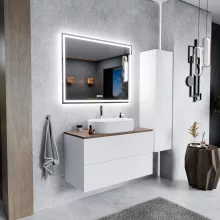 HD Zyra Pro Silk Matt White 100 fali mosdószekrény, push-to-open mechanizmussal, tölgyfa színű mosdópulttal