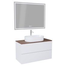 HD Zyra Pro Silk Matt White 100 komplett fürdőszoba bútor fali push-to-open mosdószekrénnyel, tölgyfa színű mosdópulttal és tükörrel