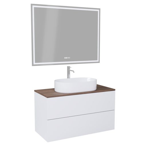 HD Zyra Pro Silk Matt White 100 komplett fürdőszoba bútor fali push-to-open mosdószekrénnyel, tölgyfa színű mosdópulttal és tükörrel