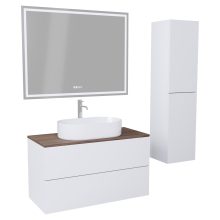 HD Zyra Pro Silk Matt White 100 komplett fürdőszoba bútor szett fali push-to-open mosdószekrénnyel, tölgyfa színű mosdópulttal, tükörrel és magasszekrénnyel