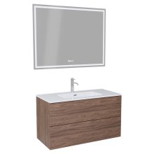 HD Aria Pro Oak 100 komplett fürdőszoba bútor fali push-to-open mosdószekrénnyel, fényes fehér slim mosdóval és tükörrel