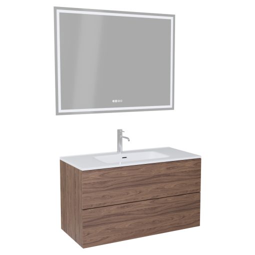 HD Aria Pro Oak 100 komplett fürdőszoba bútor fali push-to-open mosdószekrénnyel, fényes fehér slim mosdóval és tükörrel