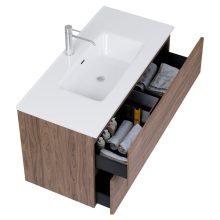 HD Aria Pro Oak 100 komplett fürdőszoba bútor fali push-to-open mosdószekrénnyel, fényes fehér slim mosdóval és tükörrel