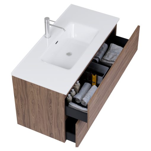 HD Aria Pro Oak 100 komplett fürdőszoba bútor fali push-to-open mosdószekrénnyel, fényes fehér slim mosdóval és tükörrel