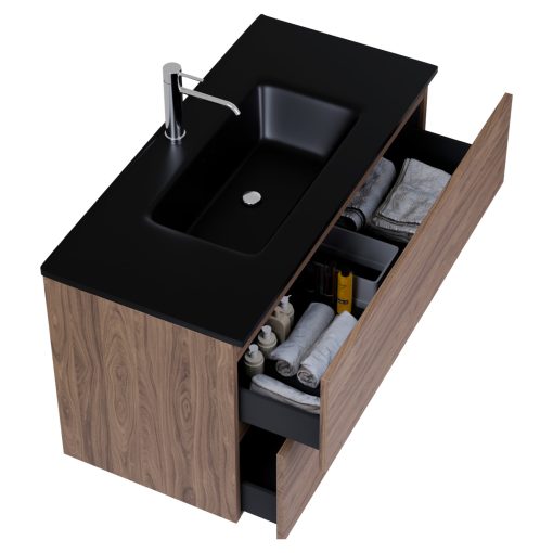 HD Aria Pro Oak 100 fali mosdószekrény, push-to-open mechanizmussal, matt fekete slim mosdóval