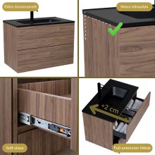 HD Aria Pro Oak 100 fali mosdószekrény, push-to-open mechanizmussal, matt fekete slim mosdóval