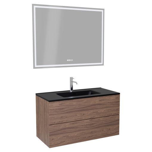 HD Aria Pro Oak 100 komplett fürdőszoba bútor fali push-to-open mosdószekrénnyel, matt fekete slim mosdóval és tükörrel