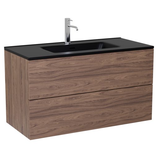 HD Aria Pro Oak 100 komplett fürdőszoba bútor fali push-to-open mosdószekrénnyel, matt fekete slim mosdóval és tükörrel