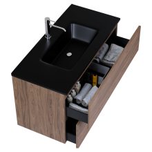 HD Aria Pro Oak 100 komplett fürdőszoba bútor fali push-to-open mosdószekrénnyel, matt fekete slim mosdóval és tükörrel