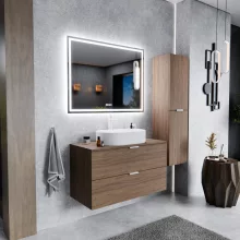 HD Salerno Oak 100 fali mosdószekrény tölgyfa színű mosdópulttal és matt fehér fogantyúkkal