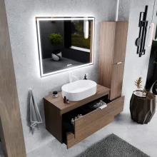 HD Salerno Oak 100 fali mosdószekrény tölgyfa színű mosdópulttal és matt fehér fogantyúkkal