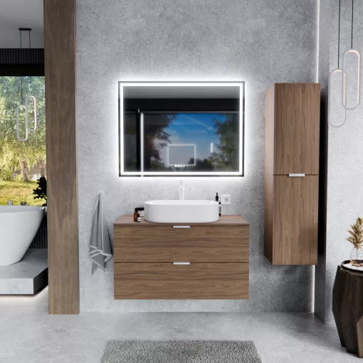 HD Salerno Oak 100 fali mosdószekrény tölgyfa színű mosdópulttal és matt fehér fogantyúkkal