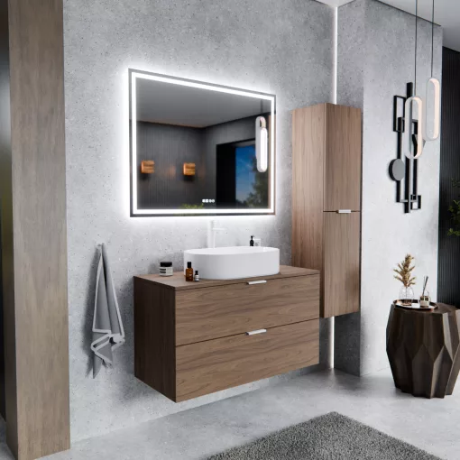 HD Salerno Oak 100 komplett fürdőszoba bútor fali mosdószekrénnyel, matt fehér fogantyúkkal, tölgyfa színű mosdópulttal és tükörrel
