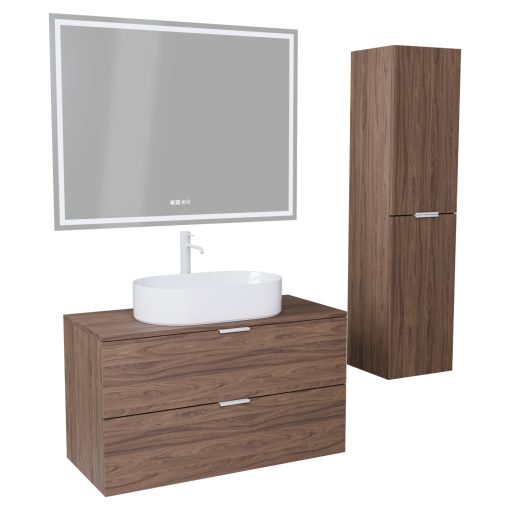 HD Salerno Oak 100 komplett fürdőszoba bútor szett fali mosdószekrénnyel, matt fehér fogantyúval, tölgyfa színű mosdópulttal, tükörrel és magasszekrénnyel