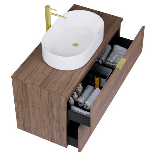 HD Salerno Oak 100 fali mosdószekrény tölgyfa színű mosdópulttal és szálcsiszolt arany fogantyúkkal